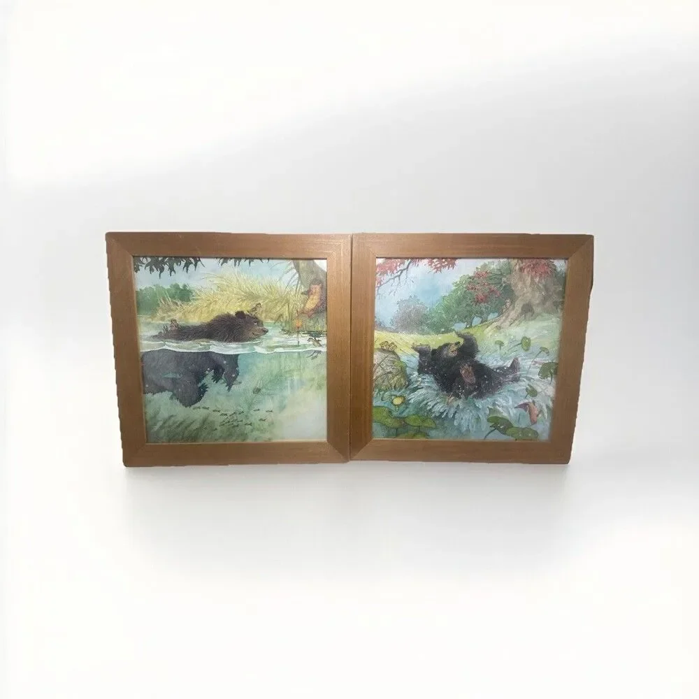 Set of 2 Ikea Bear Swimming 1999 print Kids Baby Nursery art wall decor Framed